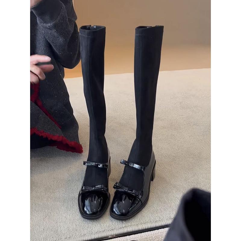 Sheepskin version elastic socks boots retro thin boots women's bow retro style thin high boots but knee boots
