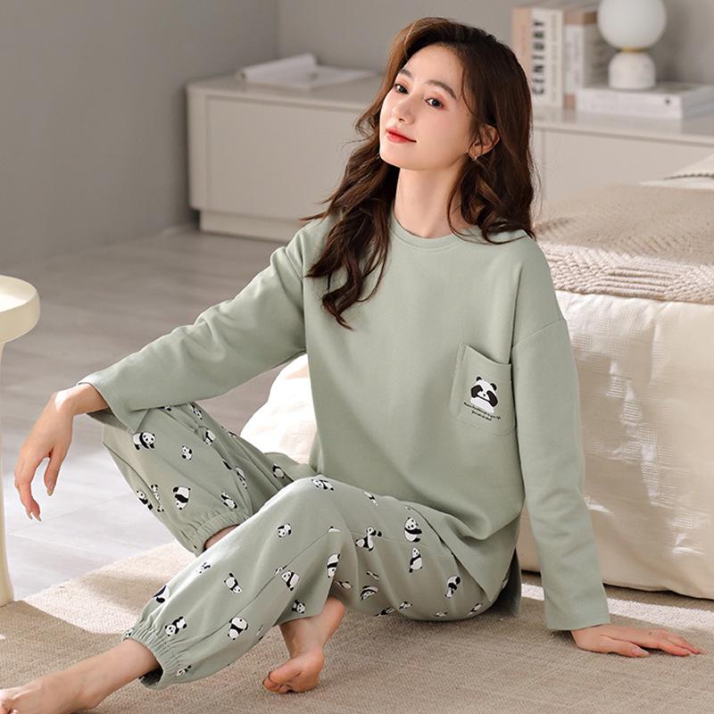 

Женский пижамный комплект из хлопка с принтом - Топ с длинным рукавом и круглым вырезом и брюки для дома или улицы Size M