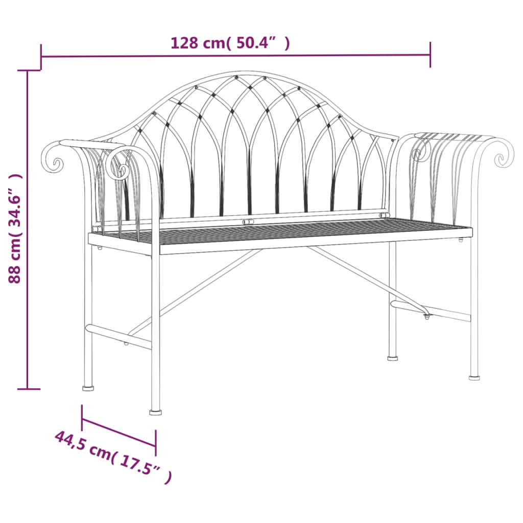 Vidaxl Garden Bench for 2 People, 128 Cm, Black, Steel