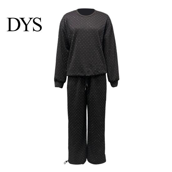 Women Spring Suit 2 Pcs/Set Top Pants Round Neck Long Sleeves Rhinestone Decor Sweatshirt Tracksuit Elastic Waist Wide Leg Trousers Daily Wear