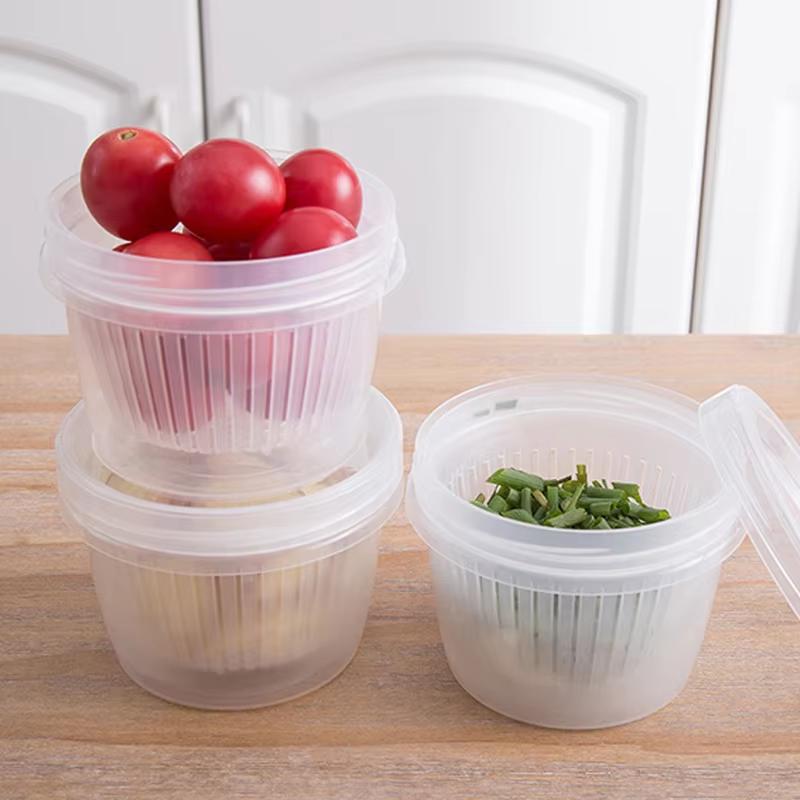 Přenosná kulatá průhledná dvouvrstvá krabička na čerstvost v lednici, úložný box na zázvor, česnek a cibuli