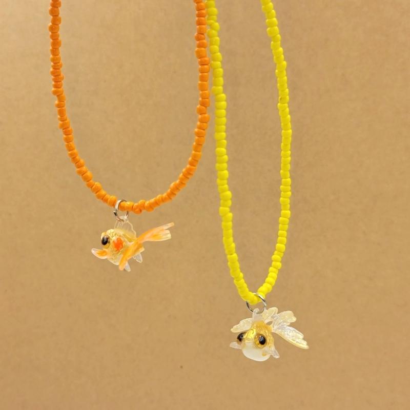 Y2K Resin Goldfish Pendant Necklace for Women Fashion Egirl Beaded Clavicle Chain Fashion Jewelry Valentines Day Gifts