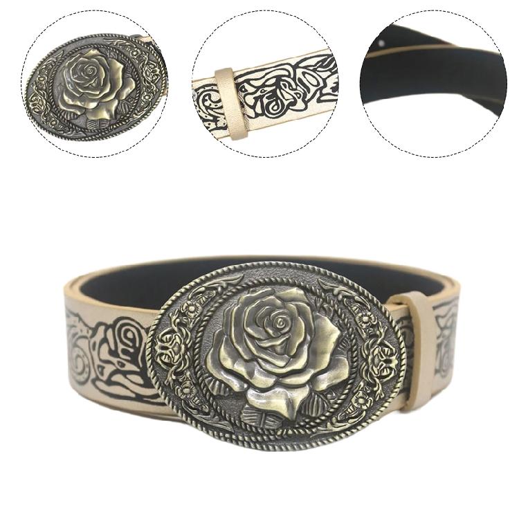 Ethnic Metal Buckle Embossed Belt Engraved Belt PU Leather Adult Cowboy Belt