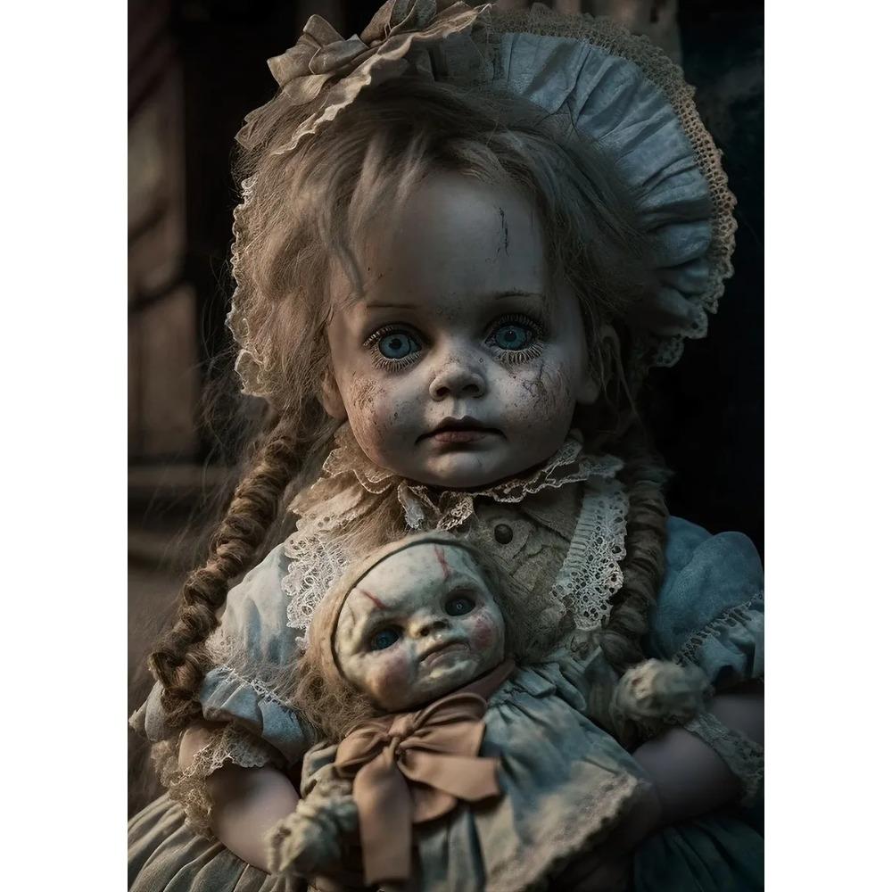 Vintage Gruselige Puppe Poster Blondes Haar Rissiges Gesicht Gotische Verfluchte Puppe Drucke Leinwandbild Wandbild Heim Wohnzimmer Dekor