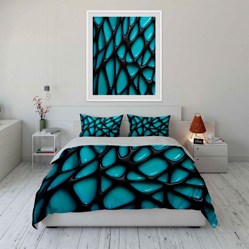 Blue and Black Abstract Mesh Pattern Bedding Set for Kids Luxury Gift 3pcs Digital Print Comforter Set Soft Comfortable
