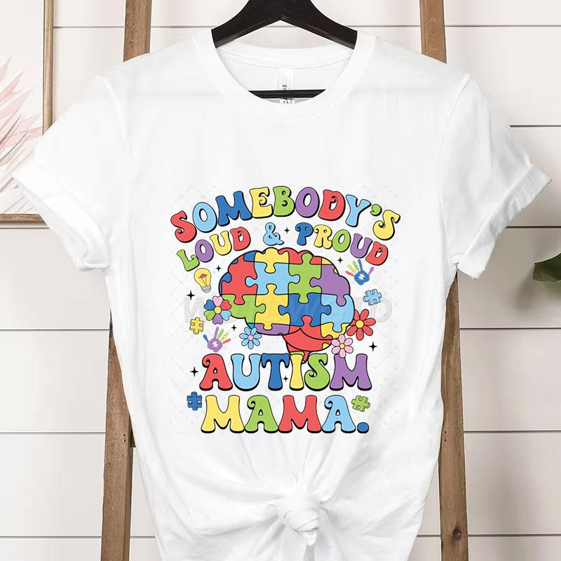 Autism Gift for Mom Crew Neck Short Sleeve Tshirt Loud Proud Autism Mama Classic Tshirts Autism Awareness Day Mama Clothing S