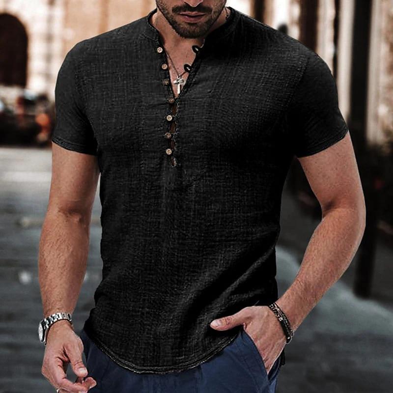 New Men's Short Sleeve Tshirt Button Cotton Linen Shirt Men's Casual Clothes Popular Tops for Men