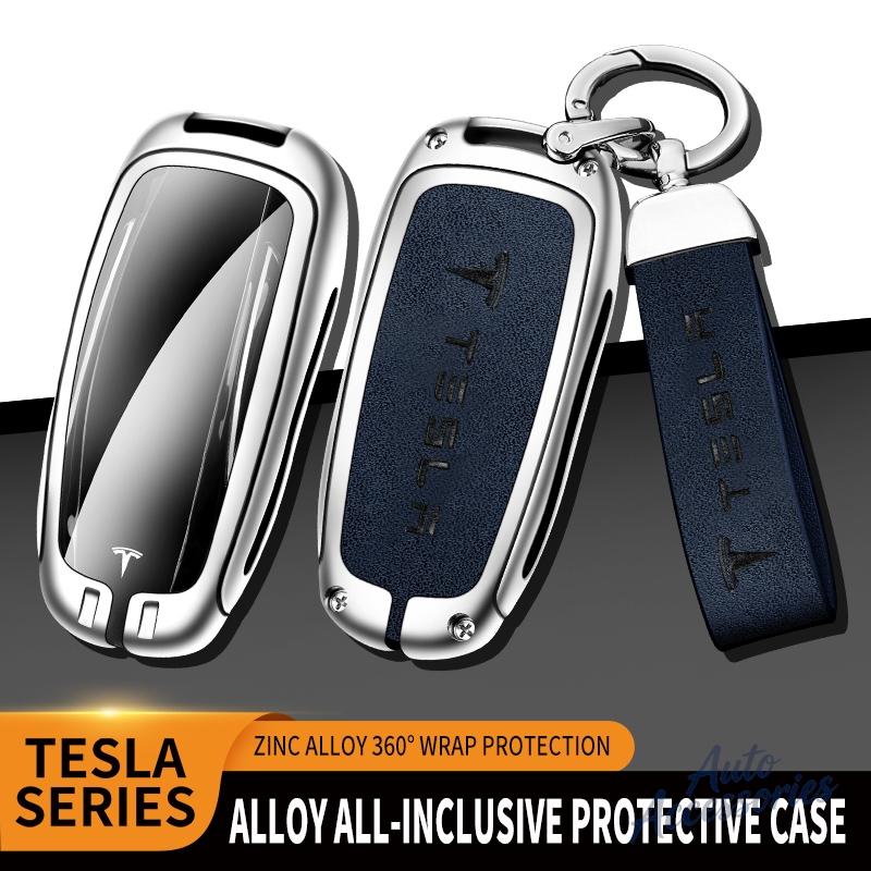 ALN1 Alloy Car Smart Remote Key Case Cover Protection Shell Keyring For Tesla Model 3 Model Y Model S X Leather Keychain Accessories