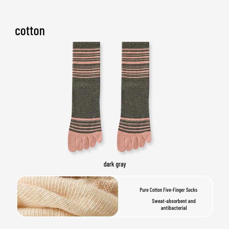 Women's Pure Cotton Non-Slip Five-Toe Mid-Calf Socks: Breathable, Odor-Resistant, Striped, for Spring/Summer