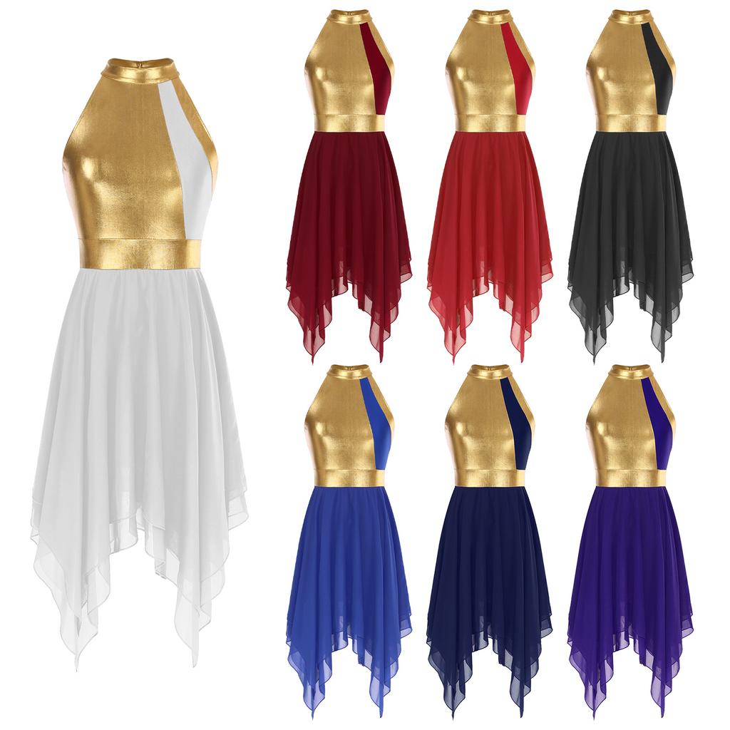 Womens Dance Performance Costume Color Block Sleeveless Dancewear Lyrical Ballet Dance Leotard Dress