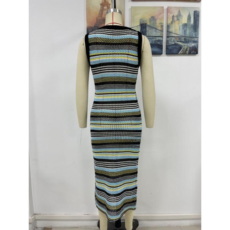 Women's Summer New Slim Fit Patchwork Jumper Fashion Striped Knitted Long Dress