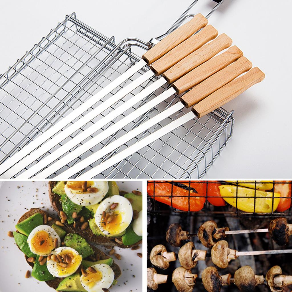 8PCS Barbecue Skewers Stainless Steel BBQ Roasting Sticks with Wood Handle for Camping Grill