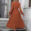 Women Spring Fall Dress V Neck Slim Waist Long Bubble Sleeves A-line Pleated MId-calf Length Flowy Dress Prom Party Dating Midi Dress