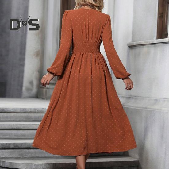 Women Spring Fall Dress V Neck Slim Waist Long Bubble Sleeves A-line Pleated MId-calf Length Flowy Dress Prom Party Dating Midi Dress