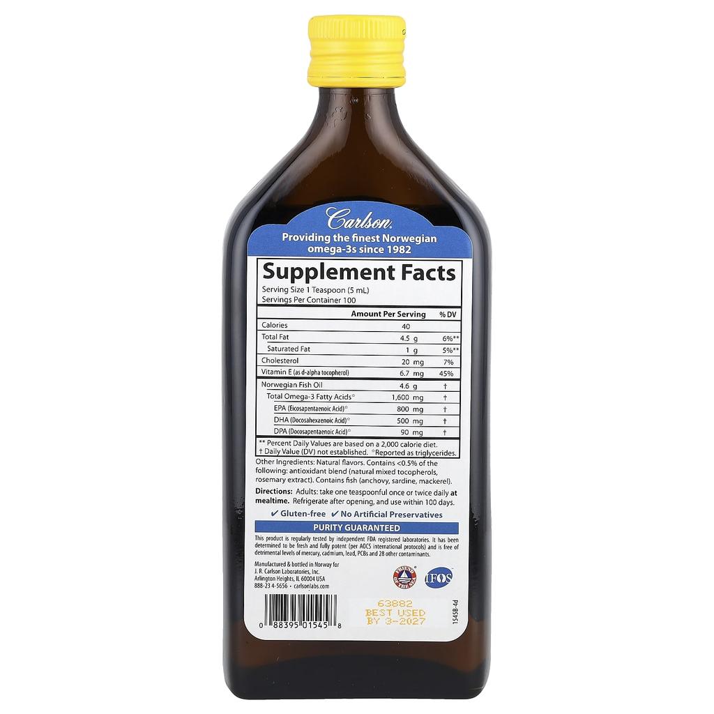 Norwegian, Premium Fish Oil, Natural Lemon Flavor, 500Ml (1,600Mg)
