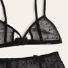 Sexy Women Lingerie Set Polka Dot Mesh Bra Thongs Garters Transparent Lace Underwear Exotic Sex Costume
