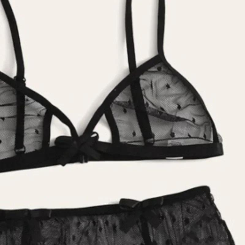 Sexy Women Lingerie Set Polka Dot Mesh Bra Thongs Garters Transparent Lace Underwear Exotic Sex Costume