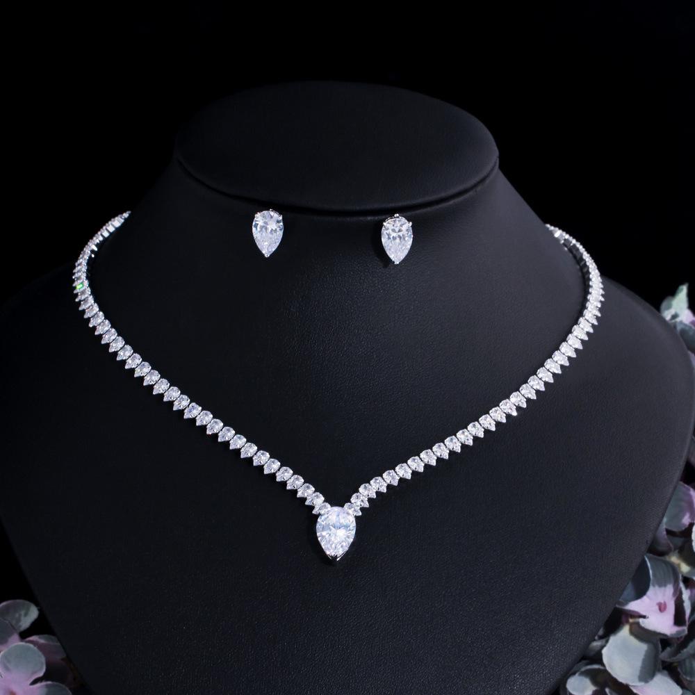 Simple Water Drop Zircon Necklace & Slimming Earrings Set for Women - Middle Eastern Wedding Bridal Jewelry