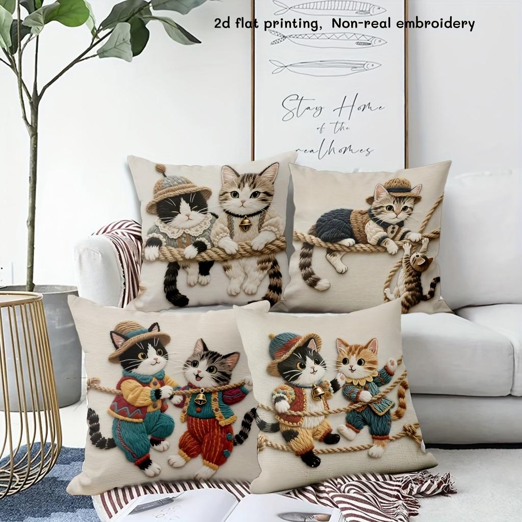 1/4 pz. Carini Copricuscini Decorativi Vintage con Amici Gatti, Adorabili Gatti su Corda, Federe Decorative per Cuscini in Stile Rustico