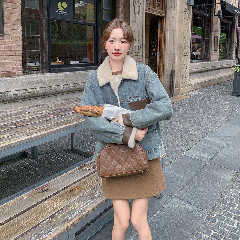 2025 Women's Winter Short Denim Jacket with Velvet and Lambswool