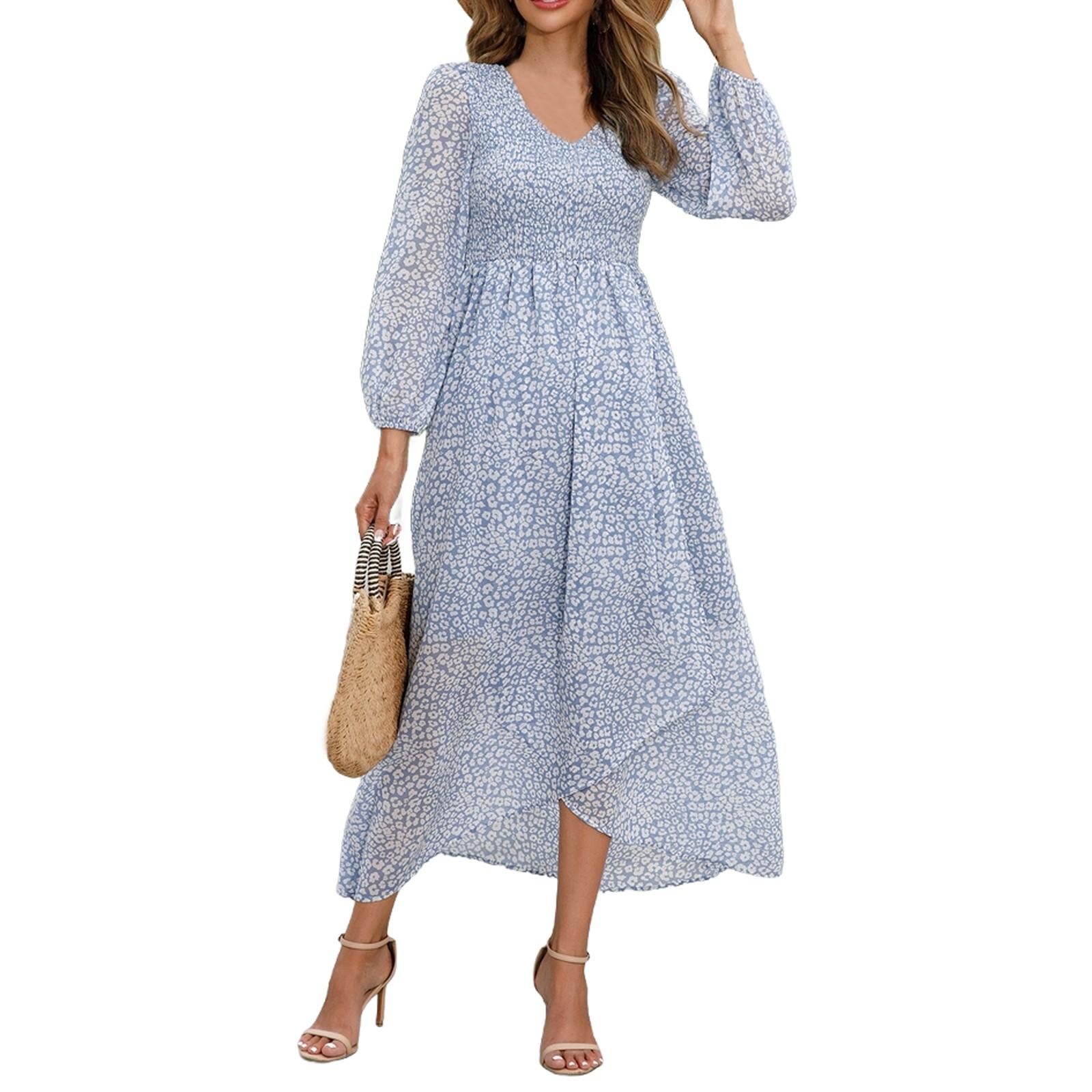 

Ladies Casual Short Sleeve V-Neck Loose Sexy Slit Printed Dress M