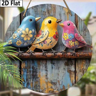 Segno decorativo sospeso in legno piatto 2D, decorazione da parete o porta di famiglia, decorazione da giardino, motivo a tre uccelli colorati, regali di festa per amici