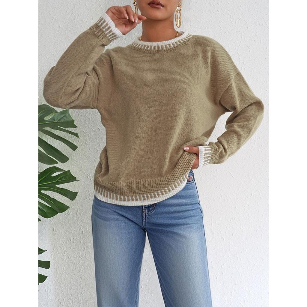 Fall Winter New Women Loose Color Block Patchwork Casual Pullover Sweater, European & American Style Ladies Top