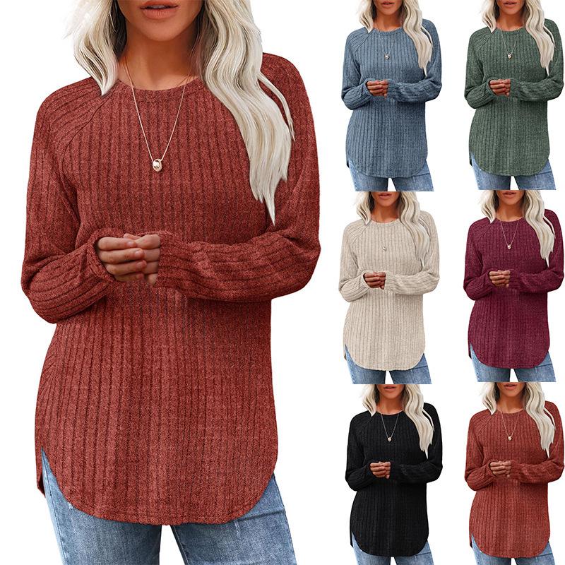 2024 Autumn Women's Loose Round Neck High-Low Hem Top