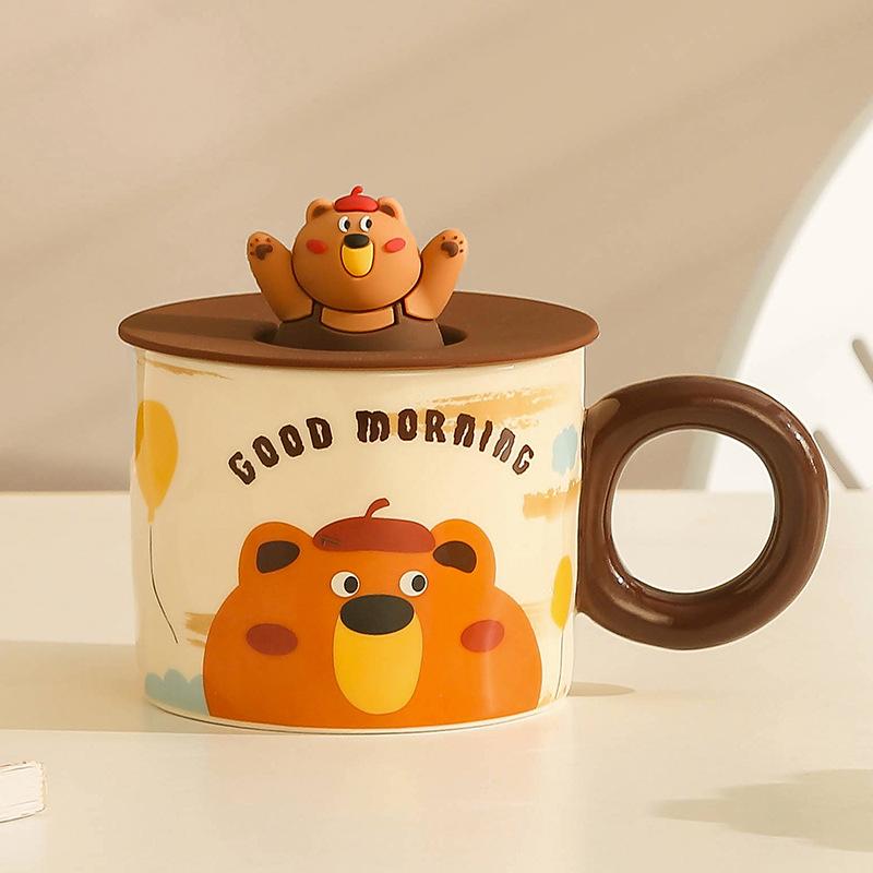 The shopkeeper recommends retro cartoon bear mug creative cute ceramic cup Kaeva women's water cup with lid gift