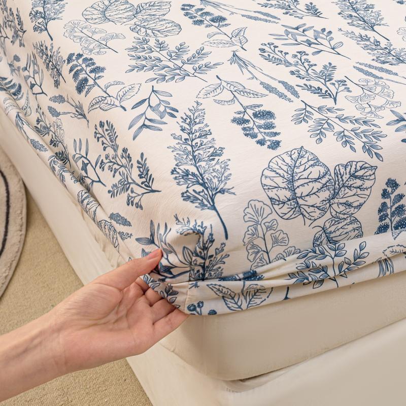 Bed Sheet with Elastic Washed Cotton Blue Flower Printed Fitted Sheet Single/Queen/King Mattress Cover for Double Beds