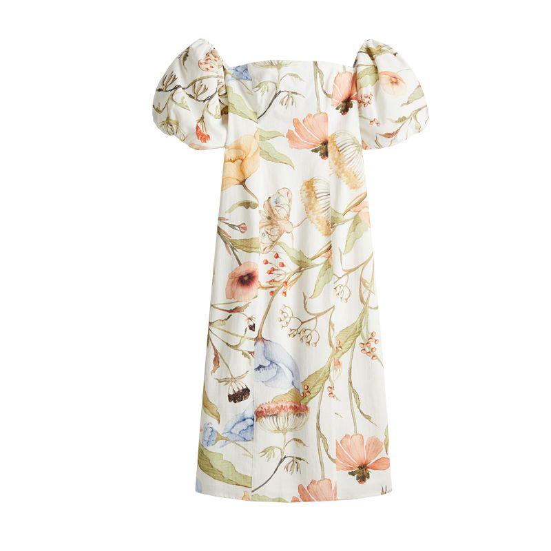 

Spring and Summer New Women s Clothing French Mid Length Long Length Square Collar Puff Sleeve Print Silm Dress 1272220 White L