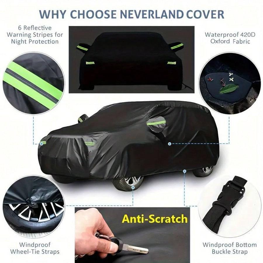 Premium Black 190T Car Cover with Reflective Strips, Dustproof Scratch Resistant Heavy Duty Protector for Sedan Hatchback SUV