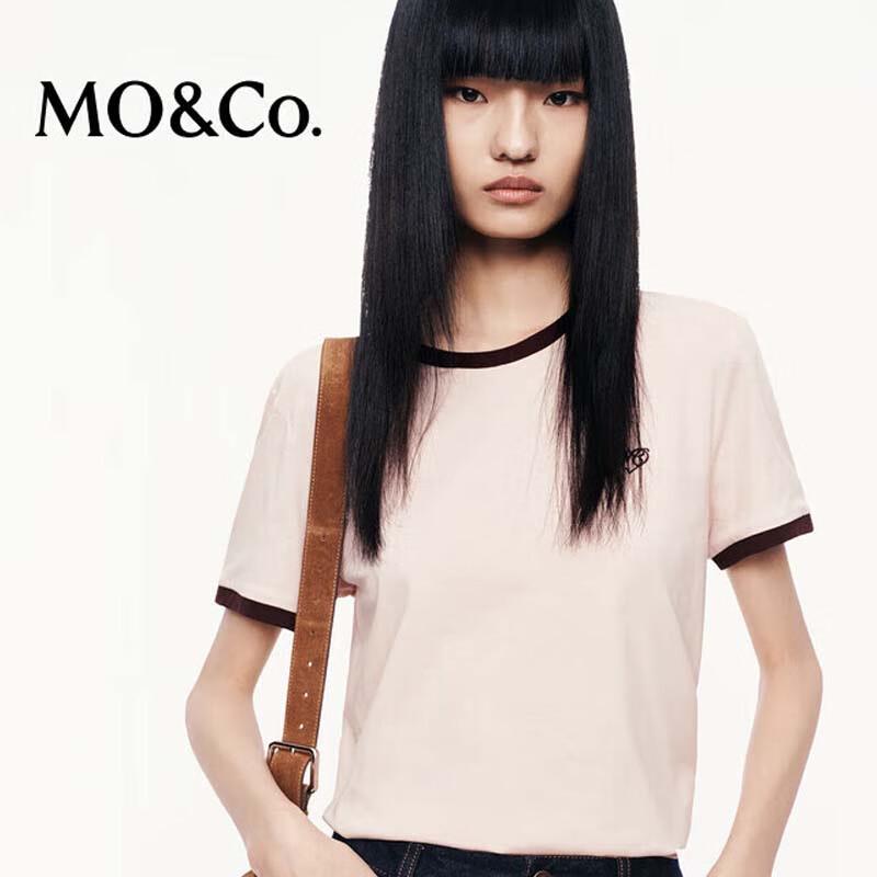 MO&Co. Women s Linen Cotton Slub Contrast Round Neck T-shirt MBE3TEE008 XS