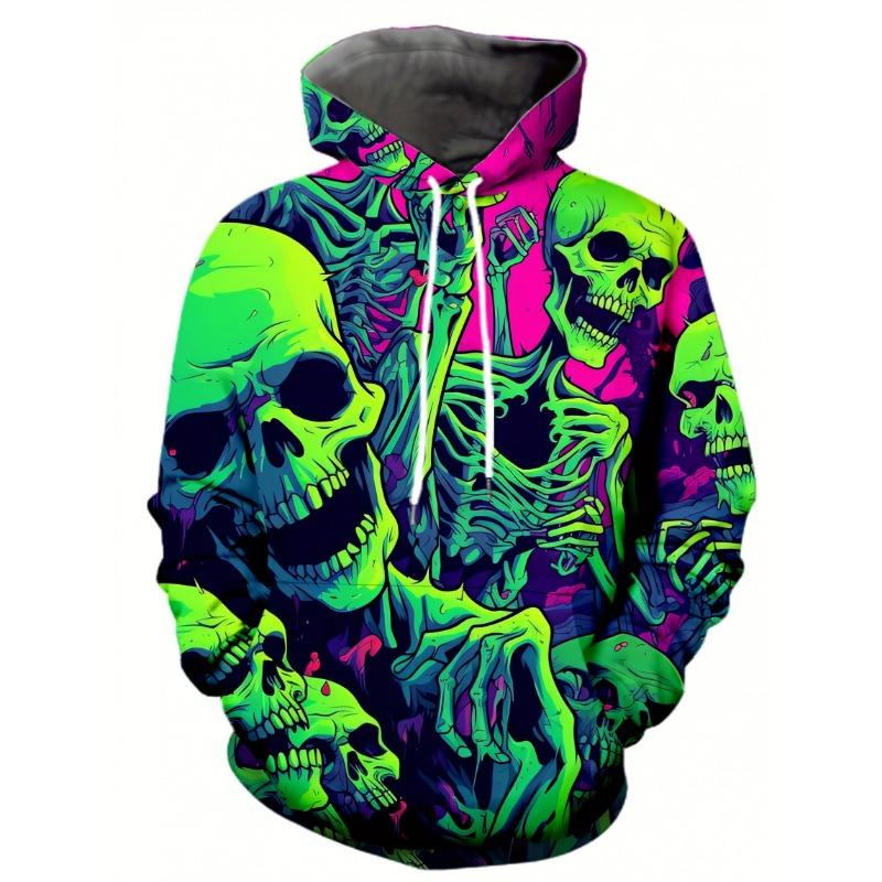 Mænd Neonskalle Skelet 3D Print Hættetrøje Y2K Gotisk Streetwear Løs Pullover Hættetrøje Med Lomme