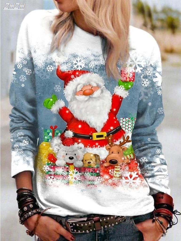 2025 Weihnachten Damen T-Shirt Grafik Weihnachtsmann Schneemann Mode Lässig Langarm Rundhals Reguläre Oberteile Druck Frühling Herbst