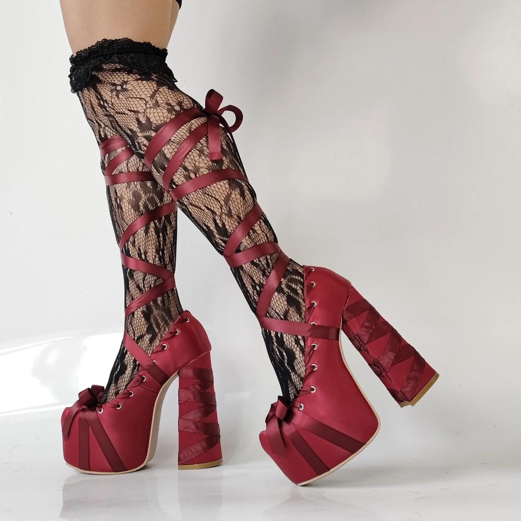 2025 Nuevas Sandalias Lolita Rosas Dulces de Plataforma con Tiras Tacón Grueso Talla Grande 47 Zapatos de Salón de Mujer Satén Lazo Cordones Sandalias de Moda
