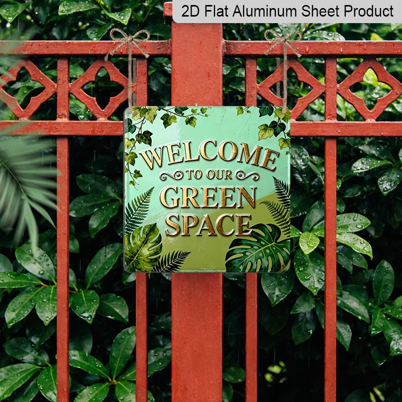 2D Flat, 1pc Vintage Botanical Metal Wall Sign - Welcome To Our Green Space - Rustic Garden Plaque with Foliage Design, Outdoor/ Decoration for