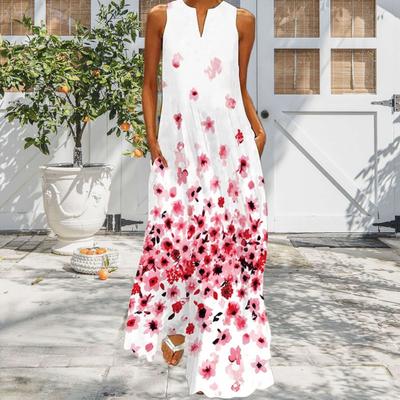 Summer Women Maxi Dress Flower Printing A-line Loose Sleeveless Long Dress with Pockets Plus Size Big Hem Flowy Dress for Prom Daily Banquet