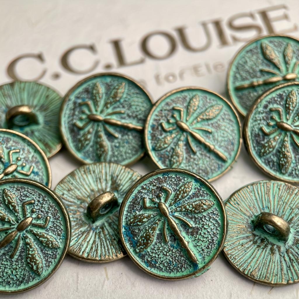 10pcs 17mm Vintage Metal Shank Buttons, Dragonfly Engraving with Green Patina, DIY Jewelry Accessories Flower Button Clothing Accessories