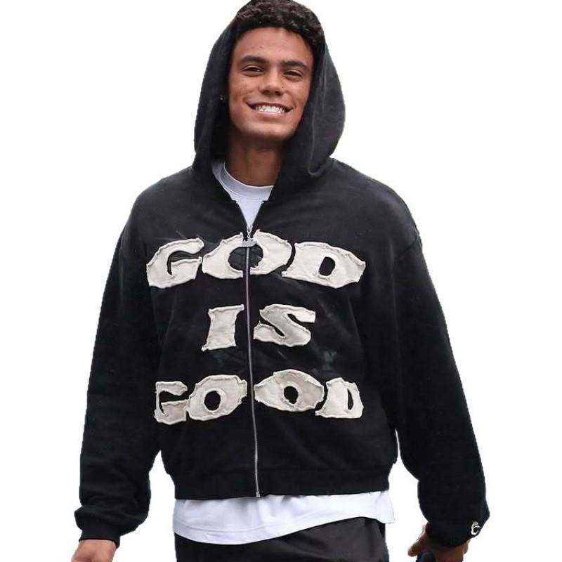 Sudadera Unisex Streetwear con Bordado God Is Good Estampado Flocado Corte Oversize Manga Larga Negra