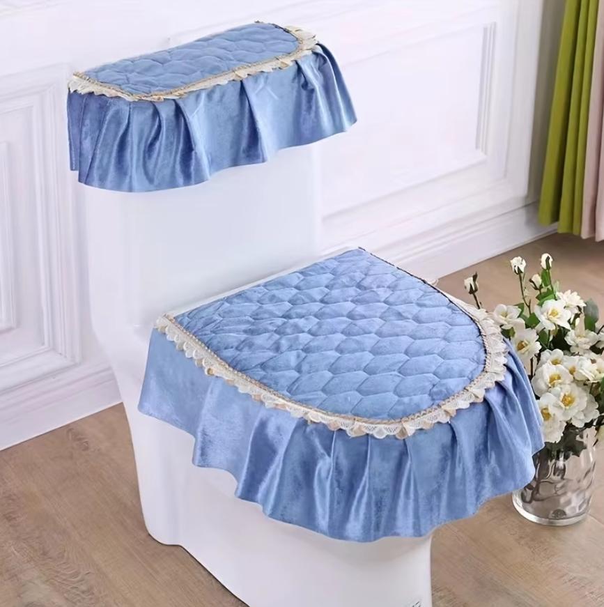 3 Pieces/set Lace Hem Toilet Mat Three-piece Set Four Seasons Universal Dust-proof Toilet Cover Zippered Toilet Ring Covers