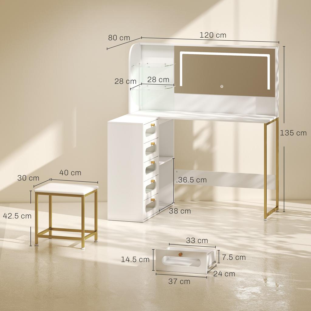 Dressing Table With LED Mirror And Stool L Shaped Vanity Desk With Drawers And Shelves White