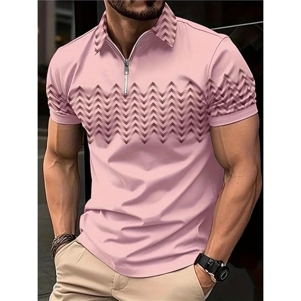 Men's Zipper Polo Shirt, Wave Triangle Shirt, 3D Printed, Retro, Short Sleeve, Loose, Comfortable, Street, Summer, New Style