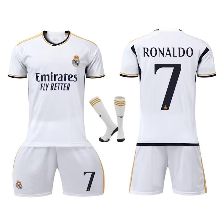 Real Madrid Ronaldo 7 Kids Soccer Jersey Set White Short Sleeve Shirt Shorts Socks Youth Football Kit Gift