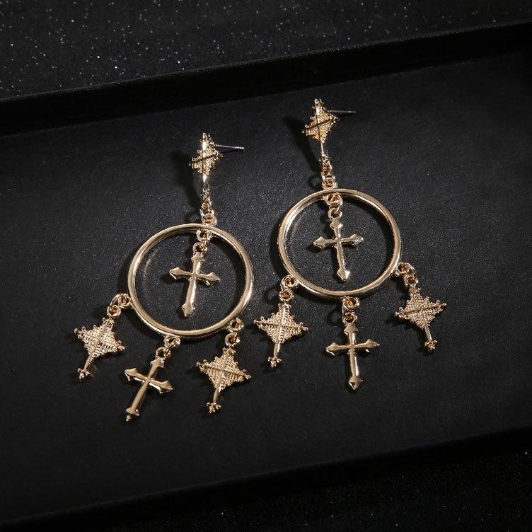 European-American Retro Cross Tassel Earrings: Alloy Carved, Exaggerated Fashion Style