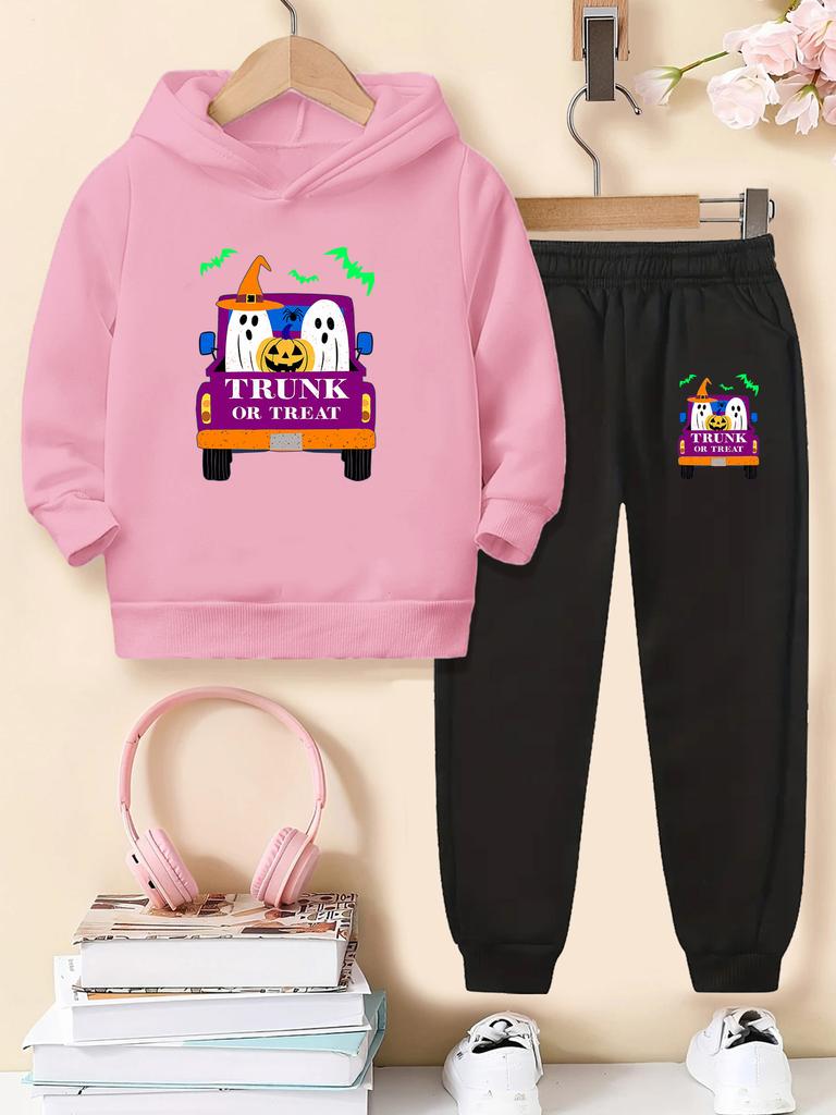 New Stylish Halloween/Christmas Print 2-Piece Set for Boys and Girls: Long-Sleeve Hooded Sweatshirt and Jogger Pants