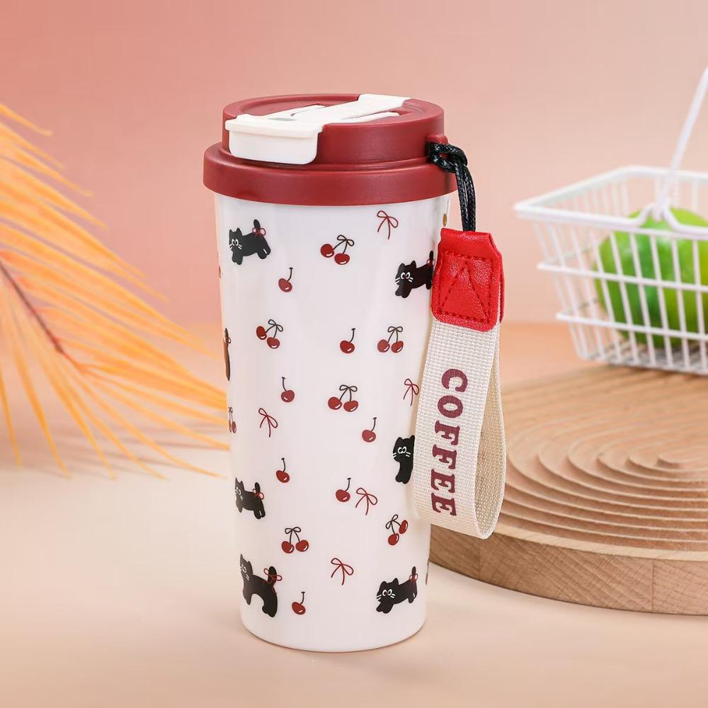 Durable 500ml Coffee Cup Cartoon Cat Pattern Stainless Steel Straw Cup Leak-Proof with Straw Thermal Cup Office