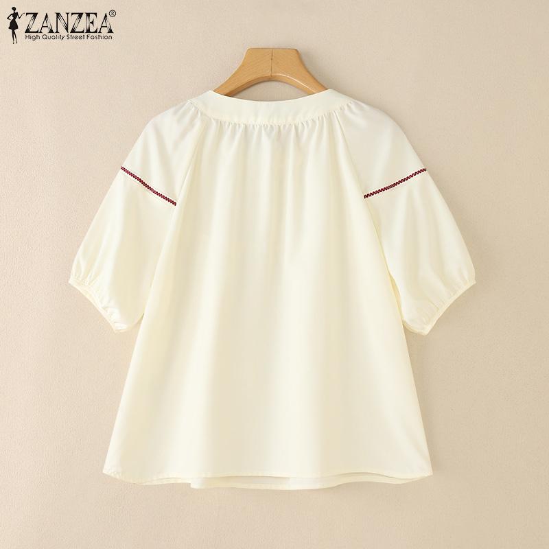 ZANZEA Women Casual Round Neck Loose Summer Half Sleeve Blouse
