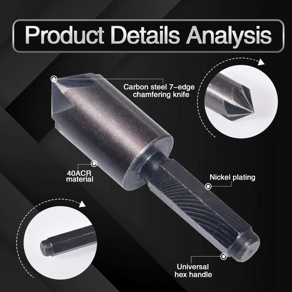 A34R 2Pcs 7 Flute Countersink Drill Bit Set Hex Shank Chamfer Countersink Drill Bit Deburring Cutter Woodworking Tool