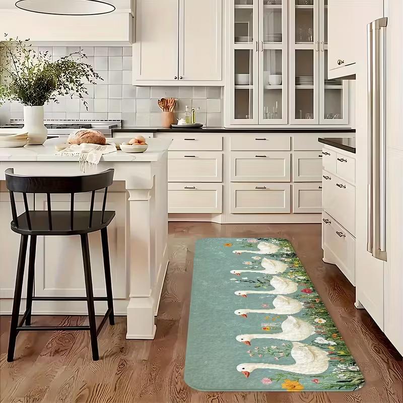 Cute White Goose Floral Print Runner Rug Flannel Washable Floor Mat for Kitchen Bedroom Bathroom Farmhouse Themed Home Decor